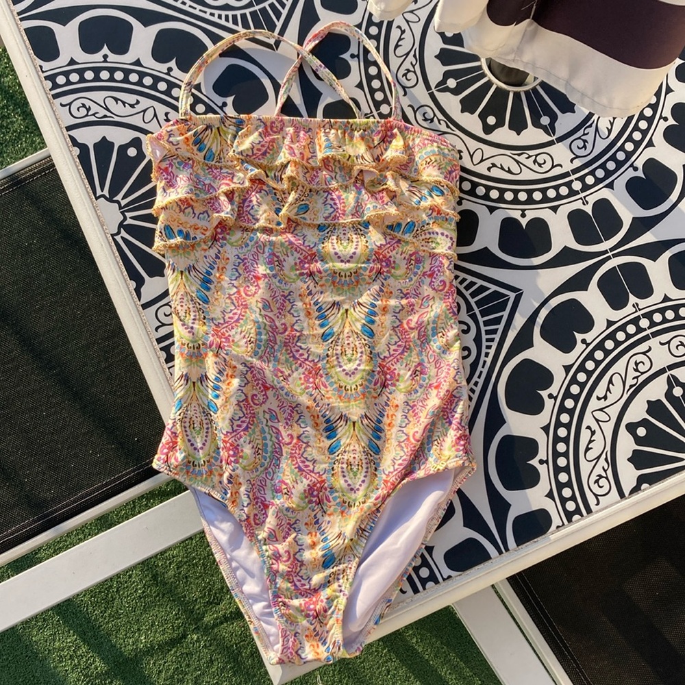 Pilyq Girls Sz 10 One Piece Beaded  Bathing Suit Multi Color